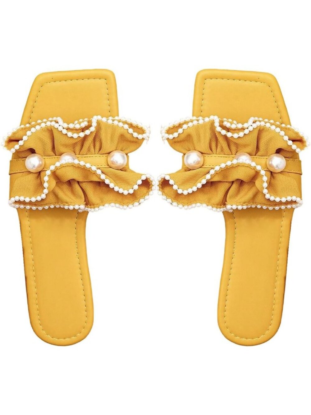 Women's Yellow Summer Ruffle Pearl Wedding Square Toe Slip on Slide Flat Slipper
